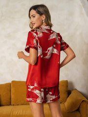19Momme Women's 100% Mulberry Silk Crane Print Short Sleeve Pajamas Set
