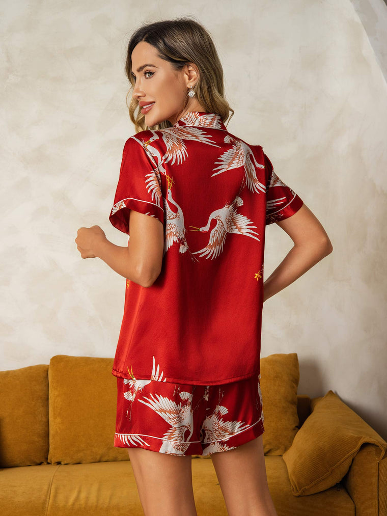 19Momme Women's 100% Mulberry Silk Crane Print Short Sleeve Pajamas Set