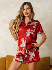 19Momme Women's 100% Mulberry Silk Crane Print Short Sleeve Pajamas Set