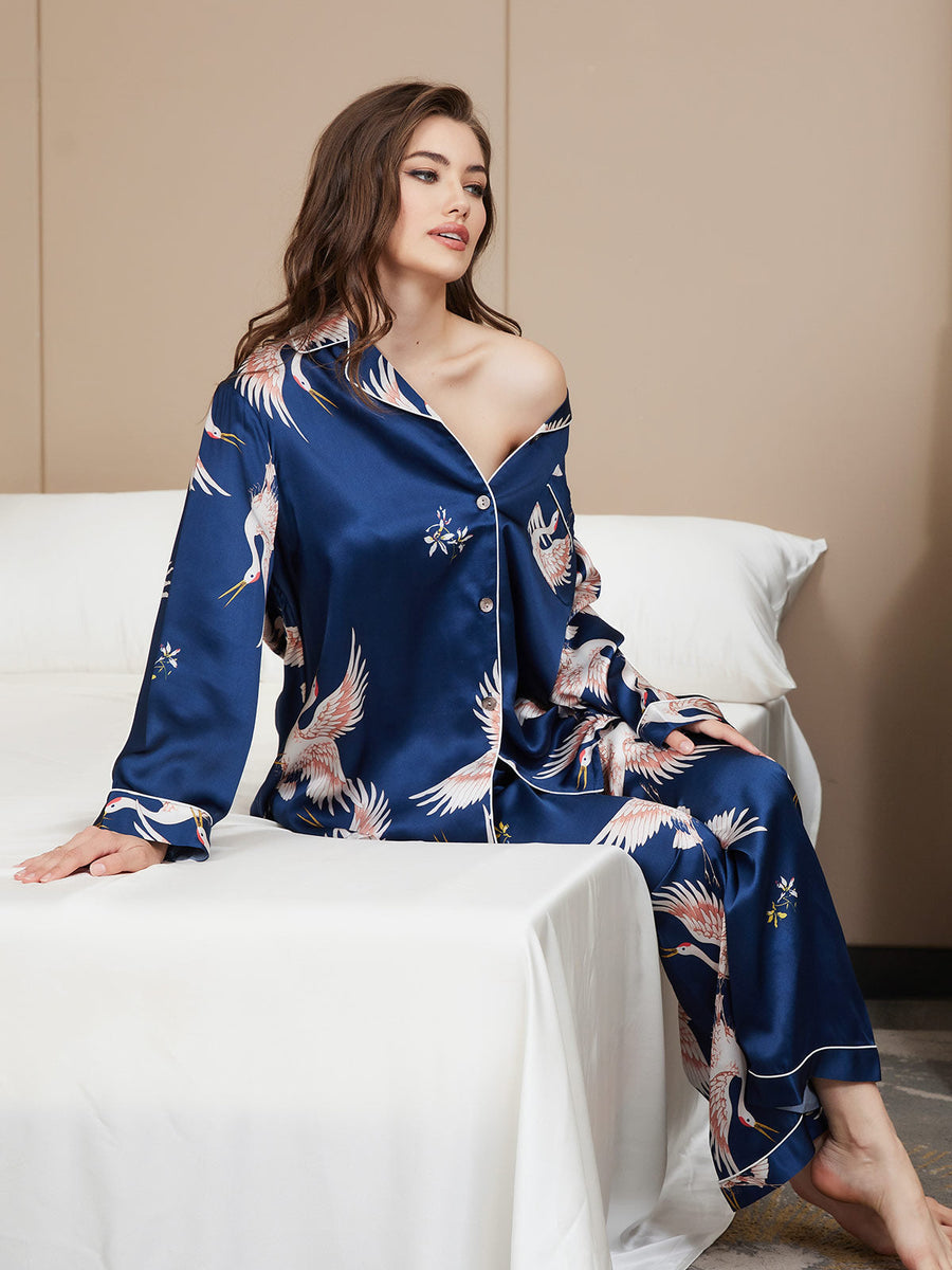 19Momme Women's Crane Print Long Sleeve 100% Mulberry Silk Pajamas Set