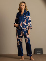 19Momme Women's Crane Print Long Sleeve 100% Mulberry Silk Pajamas Set