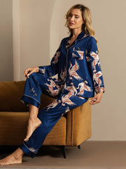 19Momme Women's Crane Print Long Sleeve 100% Mulberry Silk Pajamas Set
