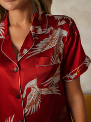 19Momme Women's Pure Silk Crane Print Short Sleeve Notch Collar Pajamas Set