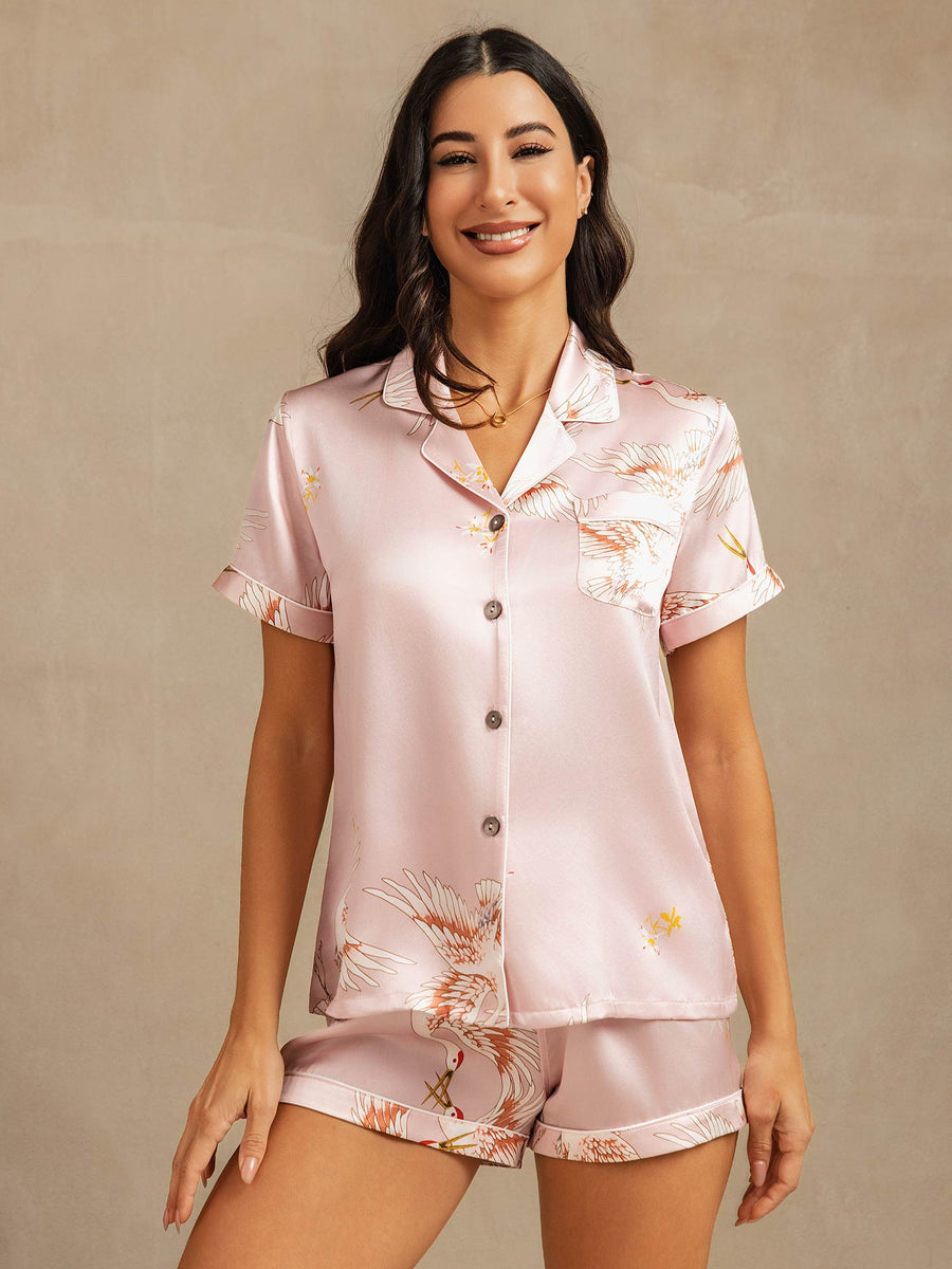 19Momme Women's Pure Silk Crane Print Short Sleeve Notch Collar Pajamas Set