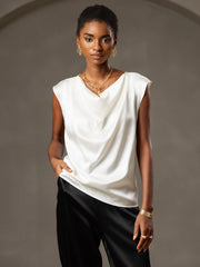 19Momme Women's Silk Cap Sleeve Cowl Neck Top
