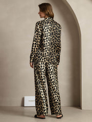 19Momme Women's Silk Leopard Print Button-Up Shirt & Wide-Leg Pants Set