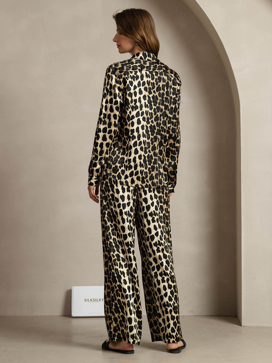 19Momme Women's Silk Leopard Print Button-Up Shirt & Wide-Leg Pants Set