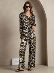 19Momme Women's Silk Leopard Print Button-Up Shirt & Wide-Leg Pants Set