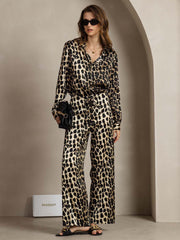 19Momme Women's Silk Leopard Print Button-Up Shirt & Wide-Leg Pants Set