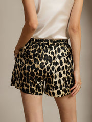 19Momme Women's Silk Leopard Print Cuffed Shorts With Side Pockets Design
