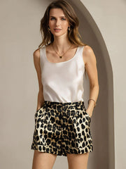 19Momme Women's Silk Leopard Print Cuffed Shorts With Side Pockets Design
