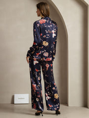 19Momme Women's Silk Navy Floral Print Button-Up Shirt & Wide-Leg Pants Set