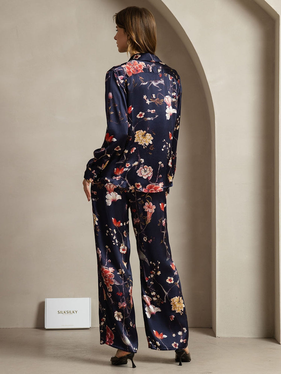 19Momme Women's Silk Navy Floral Print Button-Up Shirt & Wide-Leg Pants Set
