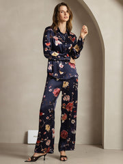 19Momme Women's Silk Navy Floral Print Button-Up Shirt & Wide-Leg Pants Set