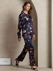 19Momme Women's Silk Navy Floral Print Button-Up Shirt & Wide-Leg Pants Set