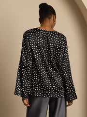 19Momme Women's Silk Polka Dot Print Bell Sleeve Boat Neck Top