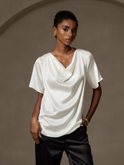 19Momme Women's Silk Short Sleeve Cowl Neck T-Shirt