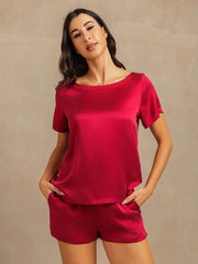 19Momme Women's Silk Short Sleeve Round Collar Pajamas Set with Side Pocket Design