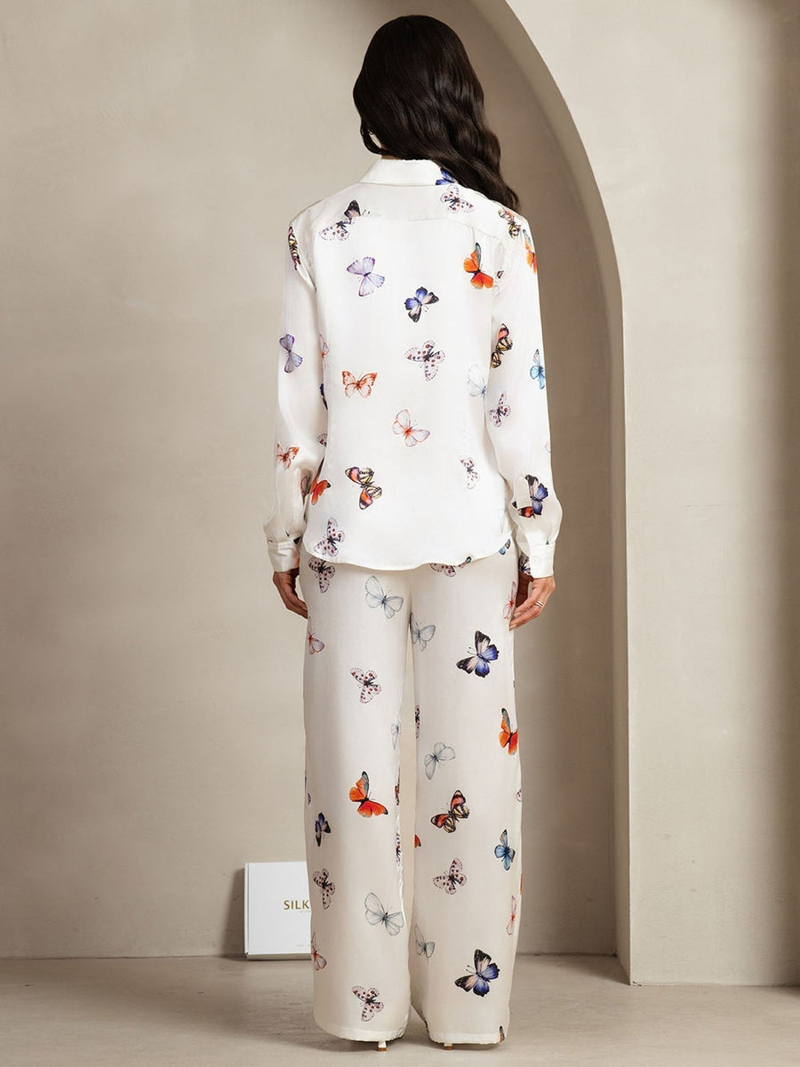 19Momme Women's Silk White Butterfly Print Button-Up Shirt & Wide-Leg Pants Set