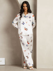 19Momme Women's Silk White Butterfly Print Button-Up Shirt & Wide-Leg Pants Set