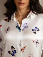 19Momme Women's Silk White Butterfly Print Button-Up Shirt & Wide-Leg Pants Set