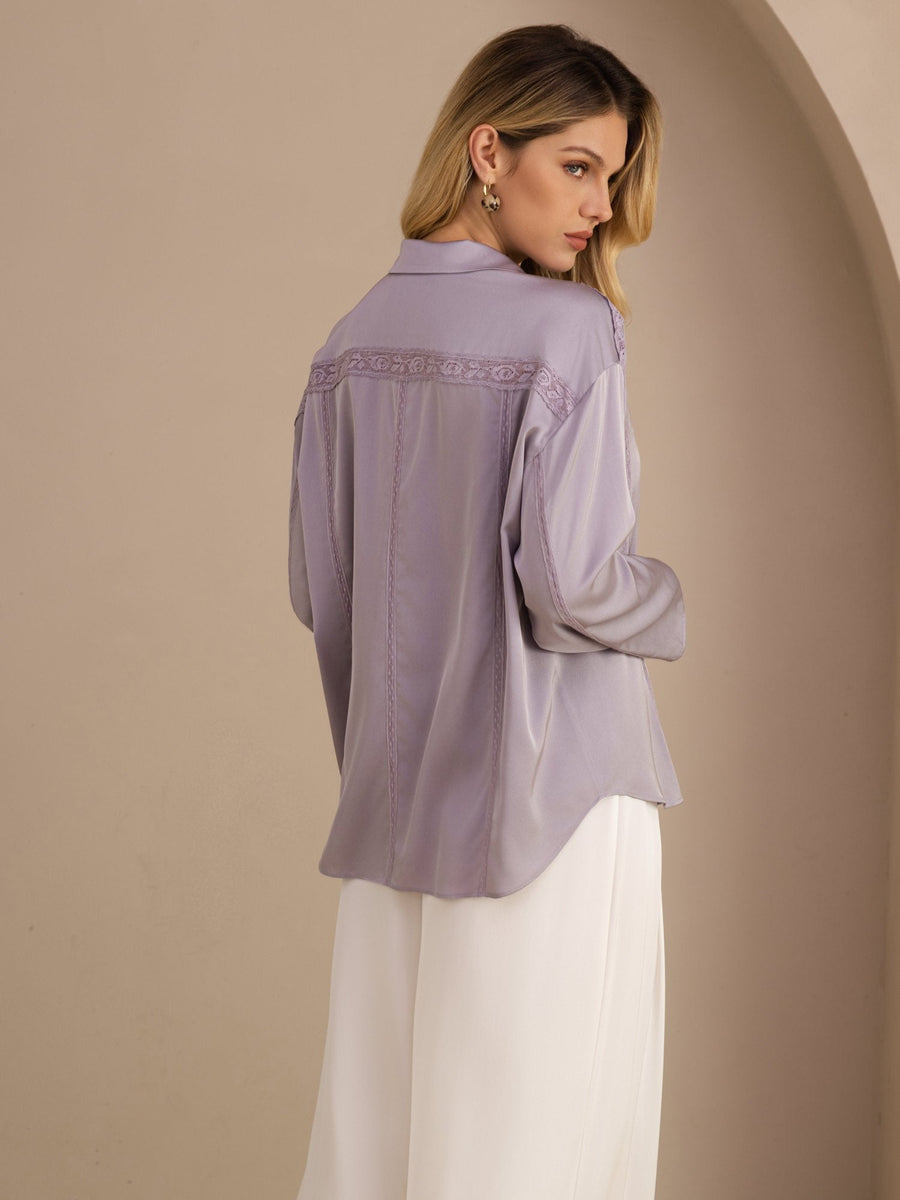 22Momme Silk Women’s Lapel Collar Long Sleeve Lace Blouse