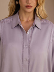 22Momme Silk Women’s Lapel Collar Long Sleeve Lace Blouse