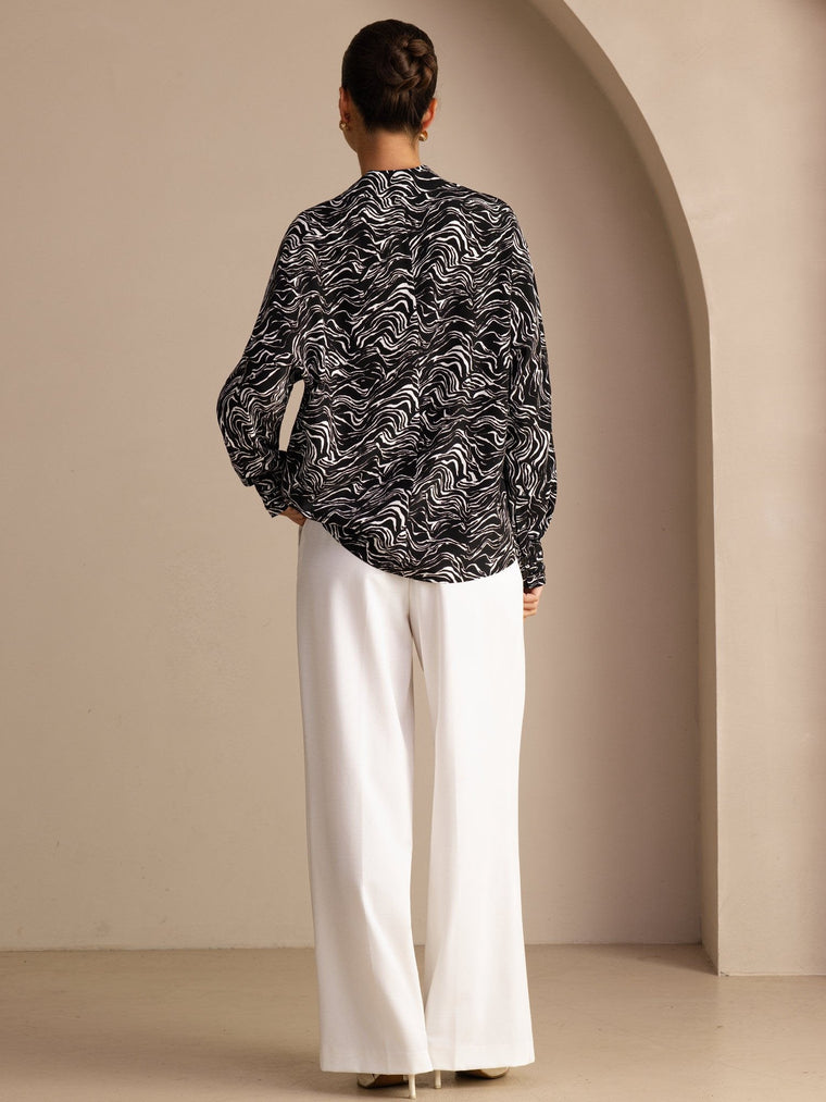 26Momme 100% Mulberry Silk Wave Print Button Up Long Sleeve Women's  Shirt