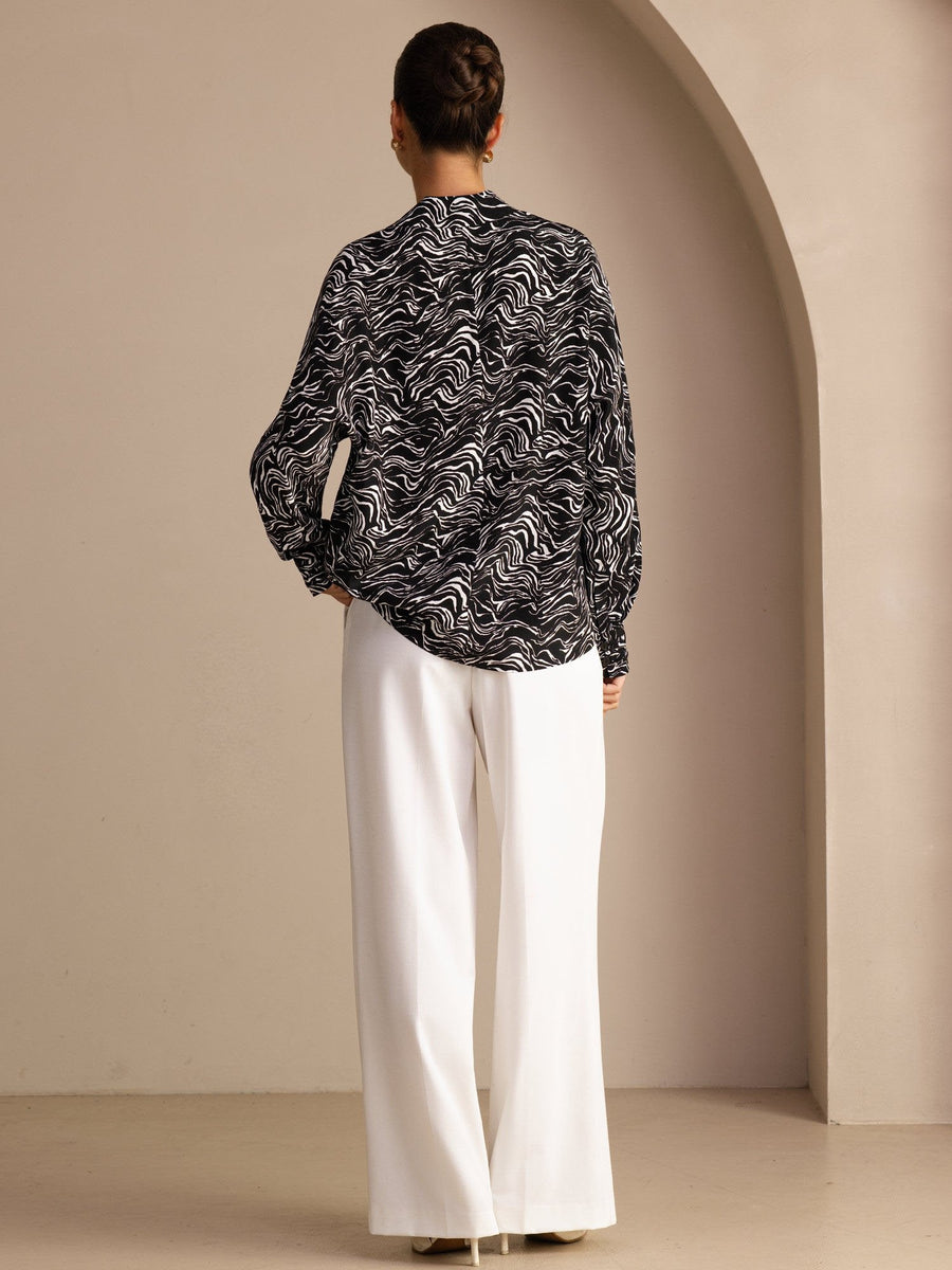26Momme 100% Mulberry Silk Wave Print Button Up Long Sleeve Women's  Shirt