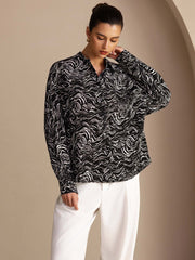 26Momme 100% Mulberry Silk Wave Print Button Up Long Sleeve Women's  Shirt