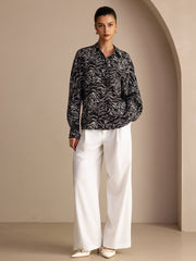 26Momme 100% Mulberry Silk Wave Print Button Up Long Sleeve Women's  Shirt