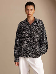 26Momme 100% Mulberry Silk Wave Print Button Up Long Sleeve Women's  Shirt