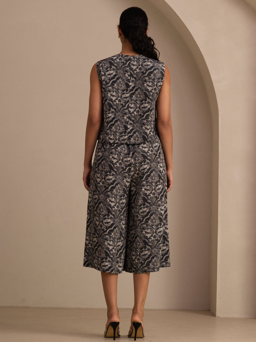 26Momme 100% Mulberry Silk Women's Printed Sleeveless Vest Top & Culottes Pants Set
