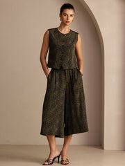 26Momme 100% Mulberry Silk Women's Printed Sleeveless Vest Top & Culottes Pants Set