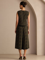 26Momme 100% Mulberry Silk Women's Printed Sleeveless Vest Top & Culottes Pants Set
