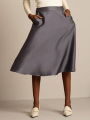 32Momme Silk-Wool Blend  A Line Midi Skirt with Zipper Deign