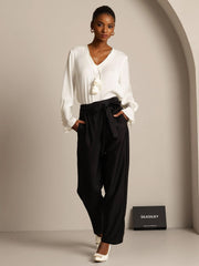 32Momme Silk-Wool Blend High Waist Tapered Cropped Women's Pants with Tie Waist Design