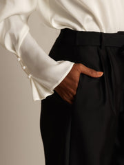 32Momme Silk-Wool Blend High Waist Tapered Cropped Women's Pants with Tie Waist Design