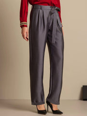 32Momme Silk-Wool Blend High Waist Tapered Cropped Women's Pants with Tie Waist Design
