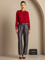 32Momme Silk-Wool Blend High Waist Tapered Cropped Women's Pants with Tie Waist Design