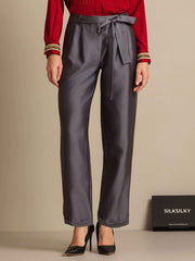 32Momme Silk-Wool Blend High Waist Tapered Cropped Women's Pants with Tie Waist Design