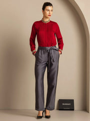 32Momme Silk-Wool Blend High Waist Tapered Cropped Women's Pants with Tie Waist Design