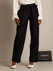 32Momme Silk-Wool Blend High Waist Tapered Cropped Women's Pants with Tie Waist Design