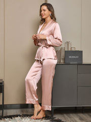 Clearance - 19Momme Contrast Trim Belted Lapel Silk Pajama Set