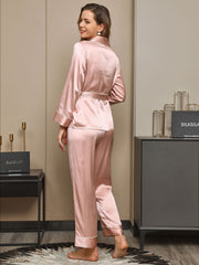 Clearance - 19Momme Contrast Trim Belted Lapel Silk Pajama Set