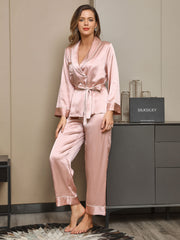 Clearance - 19Momme Contrast Trim Belted Lapel Silk Pajama Set