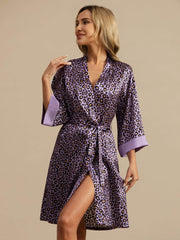 Clearance - 19Momme Pure Silk Women’s Knee Length Kimono Leopard Printed Robe With Belted Design