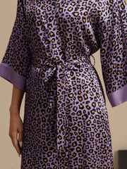 Clearance - 19Momme Pure Silk Women’s Knee Length Kimono Leopard Printed Robe With Belted Design