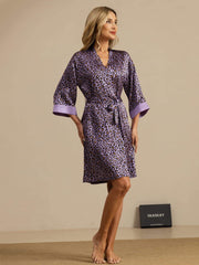 Clearance - 19Momme Pure Silk Women’s Knee Length Kimono Leopard Printed Robe With Belted Design