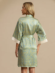 Clearance - 19Momme Pure Silk Women’s Knee Length Kimono Leopard Printed Robe With Belted Design